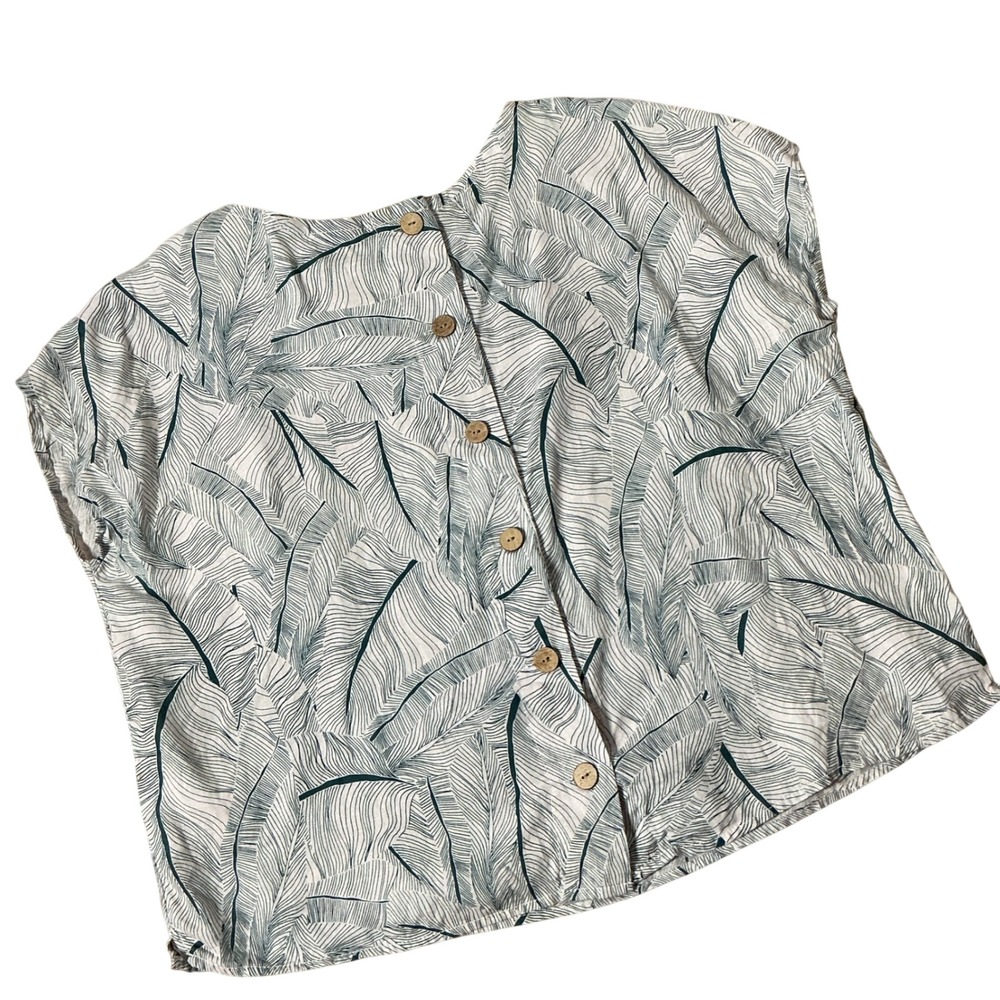 Tahari Palm‎ Coastal Leaf Print 100% Linen Blouse Womens M Teal White Button Top